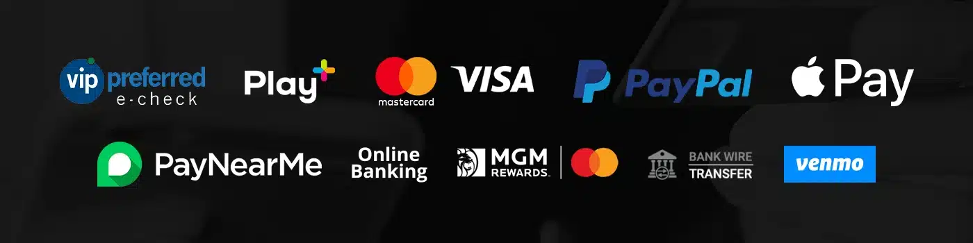 betmgm ky promo code payments banner with the logos of Visa, MasterCard, MGM Rewards, PayPal, Online Banking, Venmo, Apple Pay, Play+, Wire transfer, PayNearMe
