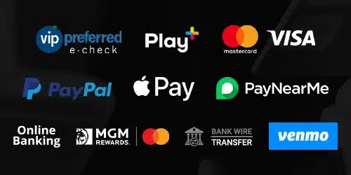 betmgm ky promo code payments banner with the logos of Visa, MasterCard, MGM Rewards, PayPal, Online Banking, Venmo, Apple Pay, Play+, Wire transfer, PayNearMe