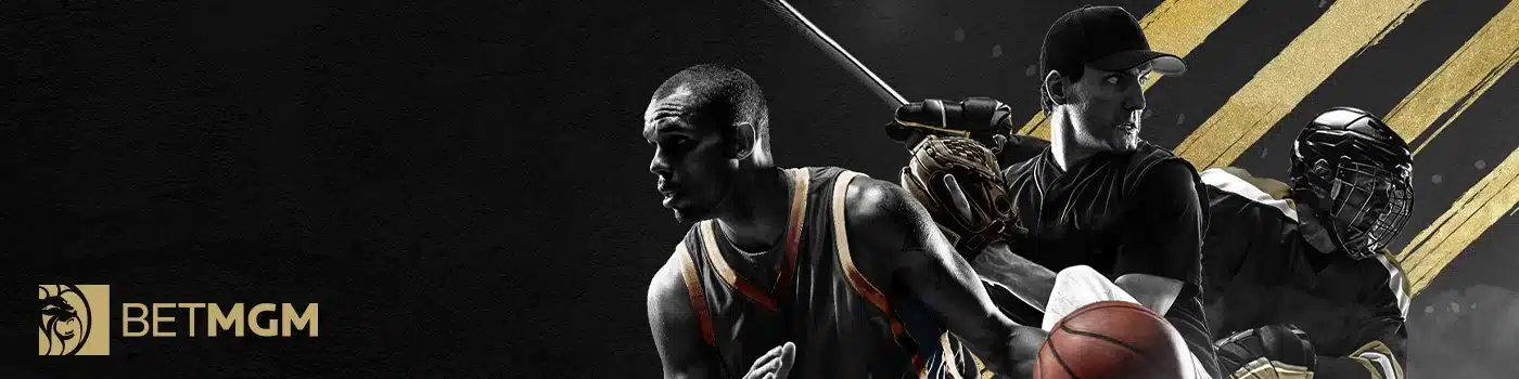 betmgm ky promo code games banner with a basketball player, baseball player and hockey player