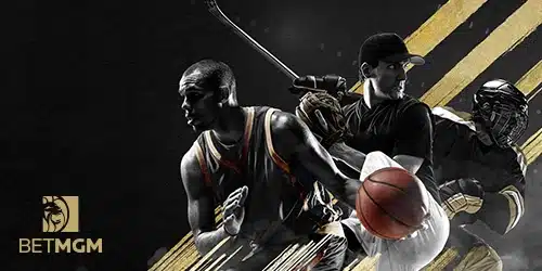 betmgm ky promo code games banner with a basketball player, baseball player and hockey player