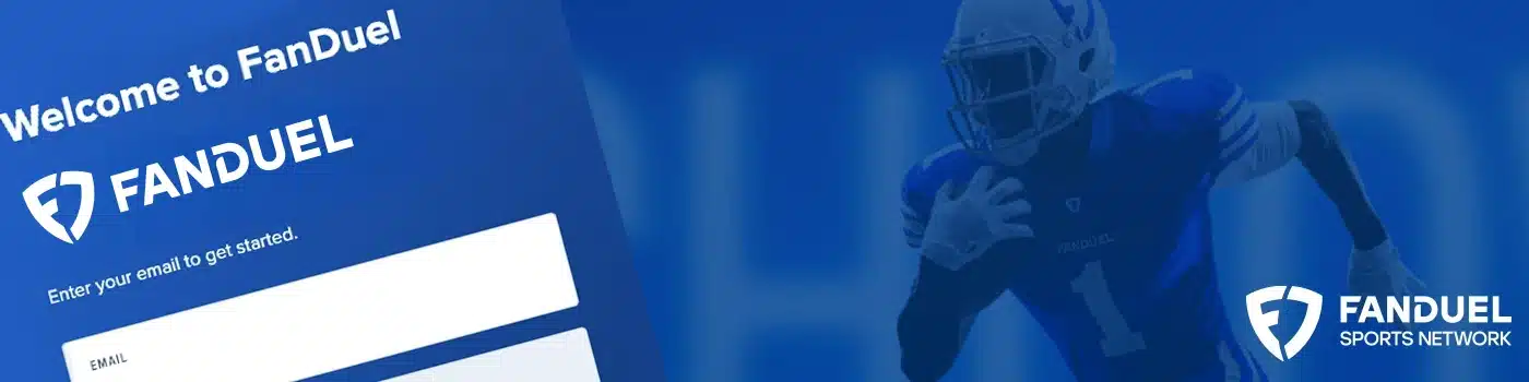 FanDuel sportsbook desktop banner showing an athlete holding a ball against a blue background