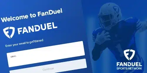 FanDuel sportsbook desktop banner showing an athlete holding a ball against a blue background