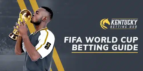World Cup banner for KentuckyBettingHub with a soccer player holding and kissing the world cup trophy